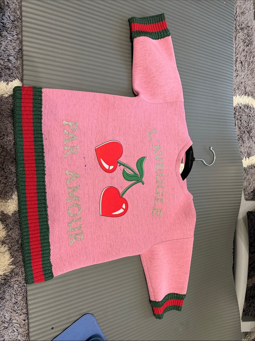 Gucci Pink Sweatshirt with Red Cherry Graphic and Green Trim